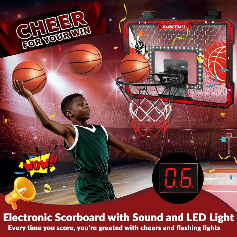 CL FUN Over The Door Basketball Hoop, 2025 Upgrade Indoor Basketball Hoop with LED Lights and Scoreboard, Includes 3 Balls & Pump, Toys Gifts for3 4 5 6 7 8 9 10 11 12 Year Old Boys - Mini Basketball Hoop - Image 2
